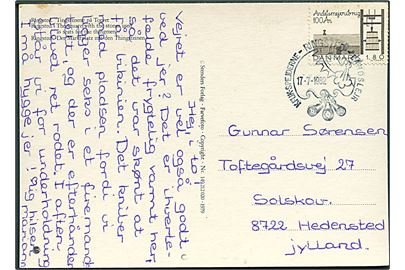 1,80 kr. Andelsmejeri på brevkort annulleret med spejderstempel Ringsted KFUK-Spejderne Landslejr d. 17.7.1982 til Hedensted.