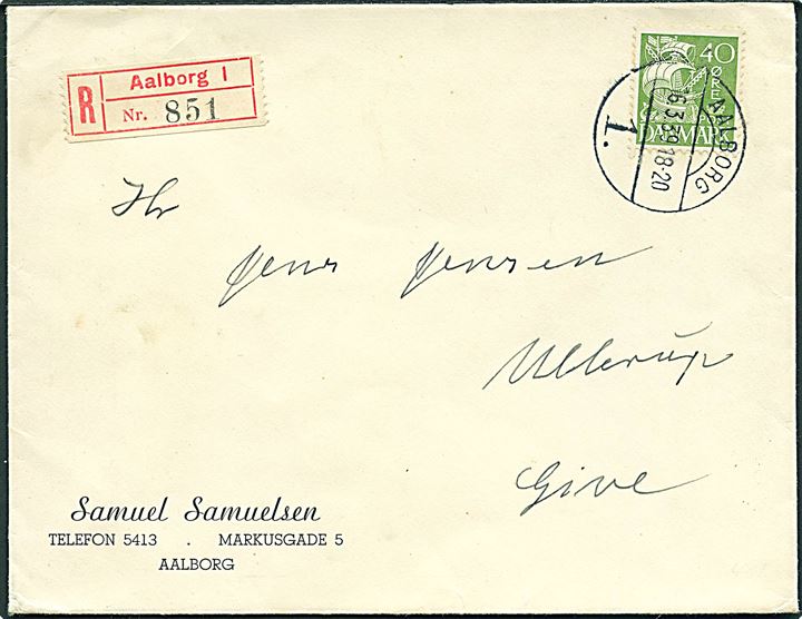 40 øre Karavel single på anbefalet brev fra aalborg 1 d. 16.3.1939 til Give.