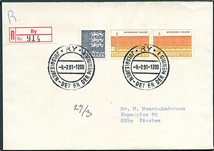 1,30 kr. Nyboder i parstykke og 6 kr. Rigsvåben på anbefalet brev annulleret med spejderstempel Ry * Juelsølejren - Det er der mening i d. 9.7.1981 til Risskov.