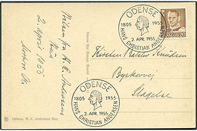 20 øre Fr. IX på brevkort (H.C.Andersens Hus) annulleret med særstempel Odense Hans Christian Andersen 1805-1955 d. 2.4.1955 til Slagelse.
