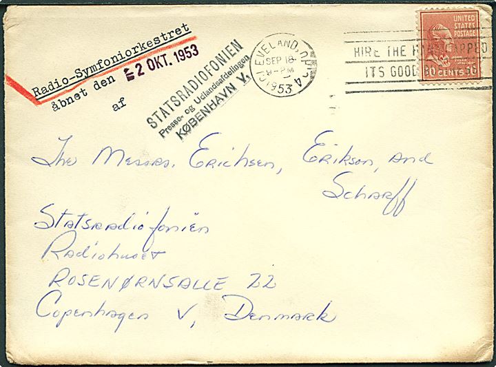 10 cents Tyler på brev fra Cleveland d. 18.9.1953 til Statsradiofonien i København. 