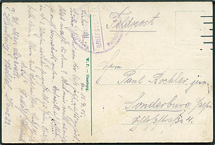 Ufrankeret feltpostkort med svagt briefstempel fra Marinelazaret i Hamburg dateret d. 13.9.1915 til Sønderborg.