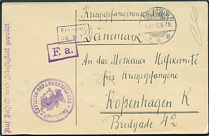 Ufrankeret krigsfangebrev fra Gütersloh d. 5.10.1917 til Moskauer Hilfskomité i København, Danmark. Lokal lejrcensur.