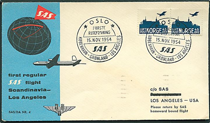 45 øre Luftpost i parstykke på SAS 1.-flyvningskuvert annulleret med særstempel Oslo / Første ruteflyvning SAS / København - Grønland - Los Angeles d. 15.11.1954 til Los Angeles, USA.