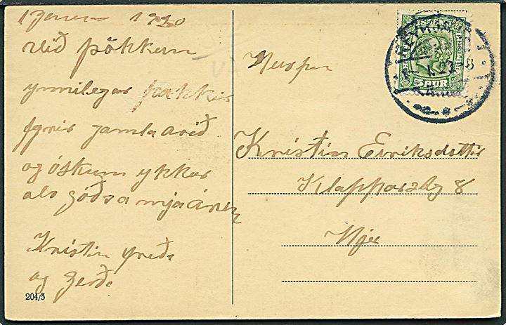 5 aur To Konger på indenrigs brevkort fra Reykjavik d. 1.1.1920.