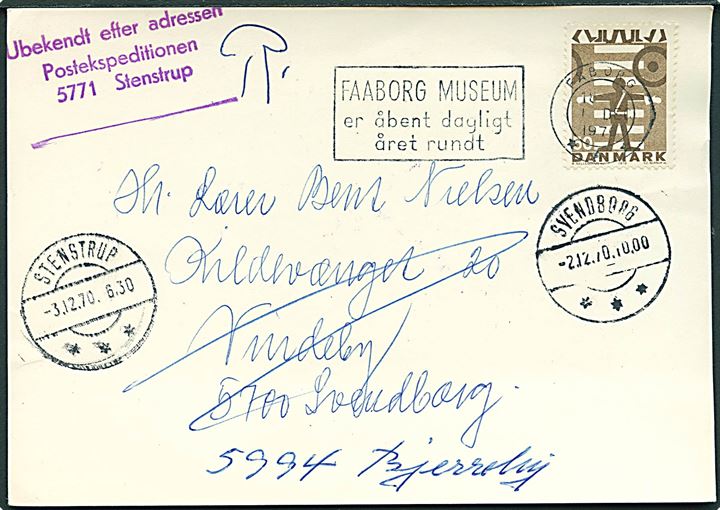 50 øre Trafiksikkerhed på brevkort annulleret med TMS Faaborg Museum er åbent dagligt året rundt/Fåborg d. 1.12.1970 til Vindeby pr. Svendborg. Eftersendt til Stenstrup og retur med stempel: Ubekendt efter adressen Postekspeditionen 5771 Stenstrup.