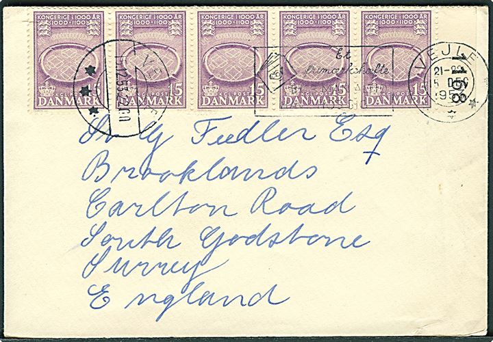 15 øre 1000 års udg. i 5-stribe på brev fra Vejle d. 15.12.1953 til South Godstone, England.