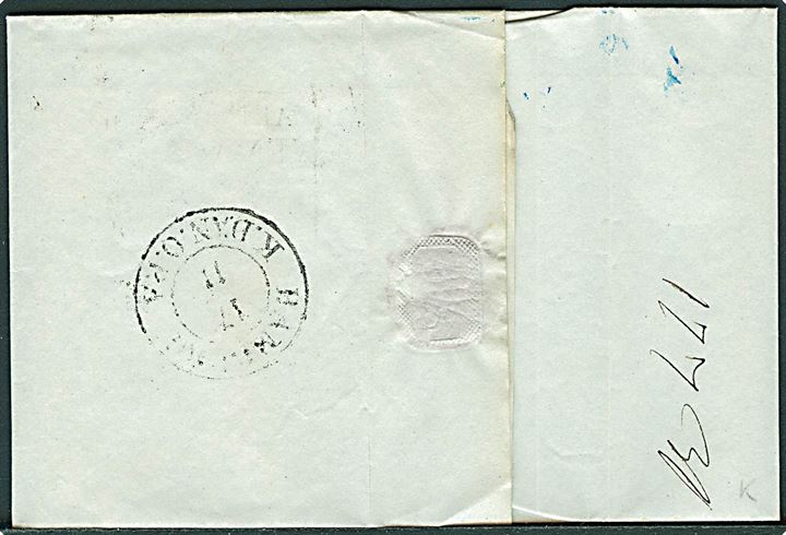 Portobrev med antiqua Hamburg K.Dän.O.P.A. d. 17.11. til Stockholm, Sverige. Rammestempel: Obetalt Fr. Dannemark H.Borg d. 20.11.184?.