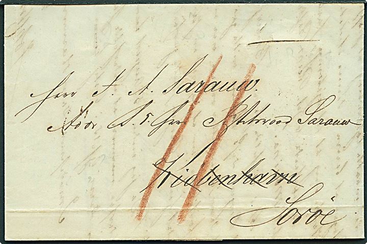 1844. Portobrev med indhold dateret Frederiksværn d. 27.7.1844 med antiqua Kjøbenhavn d. 31.7.1844 til Kjøbenhavn - eftersendt til Soröe med påskrevet 11 sk. porto. 