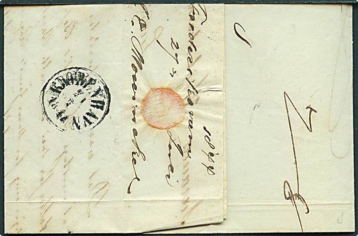 1844. Portobrev med indhold dateret Frederiksværn d. 27.7.1844 med antiqua Kjøbenhavn d. 31.7.1844 til Kjøbenhavn - eftersendt til Soröe med påskrevet 11 sk. porto. 
