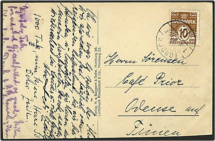 10 øre brun bølgelinie på postkort fra Tønder d. 1.10.1929 til Odense. Tønder / B Vb brotypestempel, sjældent stempel.