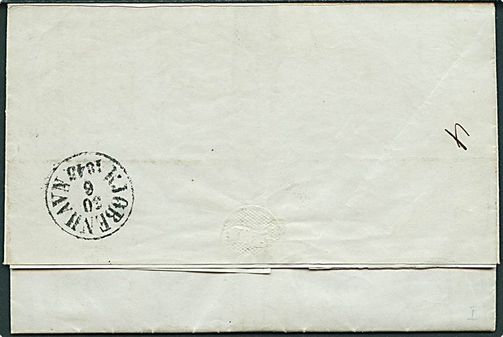 1845. 18 sk. francobrev med antiqua Kjøbenhavn d. 30.6.1845 til Cathrinesminde pr. Viborg. Påskrevet 2 sk. bærepenge.