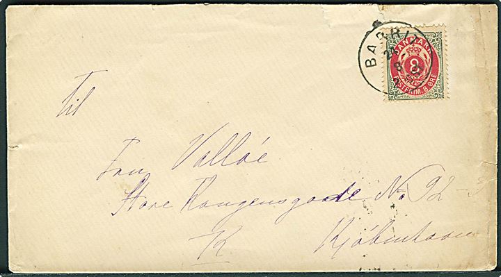 8 øre Tofarvet på brev annulleret med lapidar Barrit d. 24.8.1886 til Kjøbenhavn.