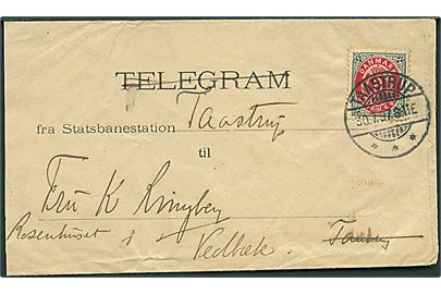 8 øre Tofarvet omv. rm. på Statsbanernes Telegramkuvert fra Taastrup d. 30.7.1897 til Rosenhuset i Vedbæk. Afkortet i venstre side.
