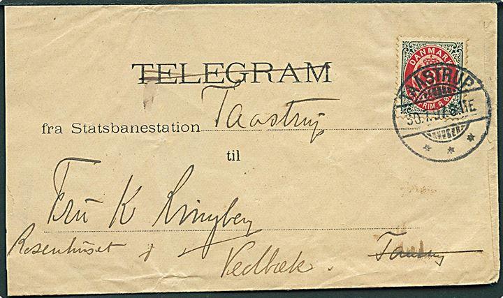 8 øre Tofarvet omv. rm. på Statsbanernes Telegramkuvert fra Taastrup d. 30.7.1897 til Rosenhuset i Vedbæk. Afkortet i venstre side.