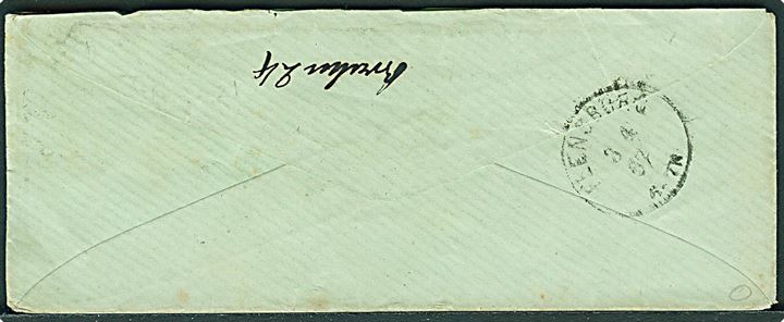 2 sk. og 4 sk. Krone/Scepter på 6 sk. frankeret brev annulleret med kombineret nr.stempel 34/KBH.JB.PST.CT. d. 3.4.1867 til Dalby pr. Flensburg. Særtakst til Hertugdømmerne.