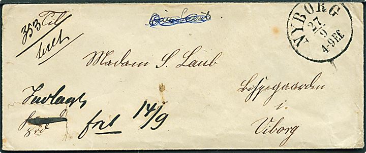 Ufrankeret værdibrev påskrevet Indlagt 8 rd. med antiqua Nyborg d. 27.9.18xx til Viborg. På bagsiden 2 laksegl fra Nyborg Postkontor.