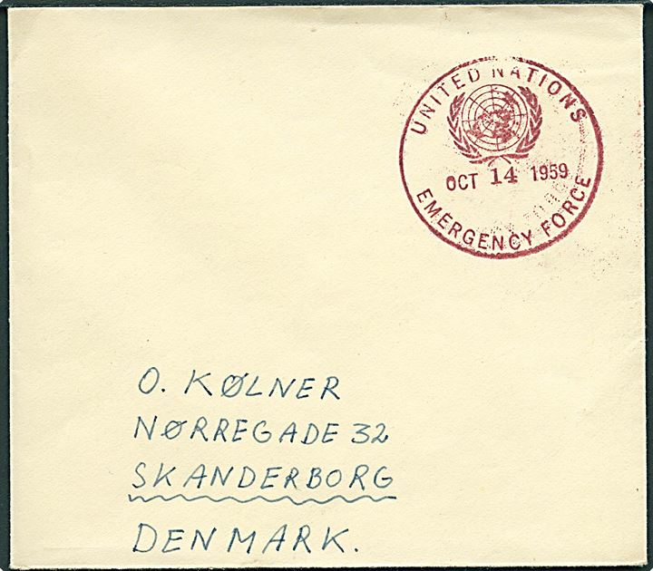 Ufrankeret brev med rødt stempel United Nations Emergency Force d. 14.10.1959 til Skanderborg, Danmark. Fra FN-styrker i mellemøsten.