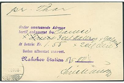 5 øre Våben helsagsbrevkort anvendt som adviskort fra Nakskov d. 9.5.1900 til Torrig. Meddelelse om ank. gods Pr. Thor til afhentning på Nakskov Station.