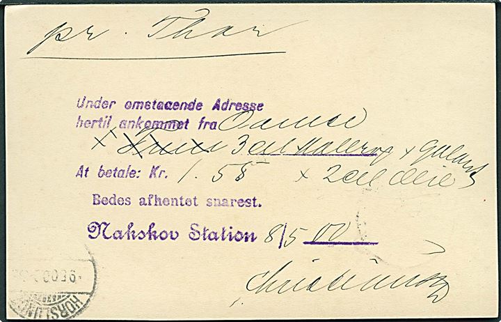 5 øre Våben helsagsbrevkort anvendt som adviskort fra Nakskov d. 9.5.1900 til Torrig. Meddelelse om ank. gods Pr. Thor til afhentning på Nakskov Station.