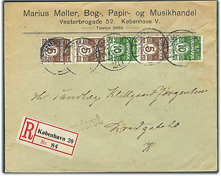 5 øre og 10 øre Bølgelinie i lodret sammentrykt 4-stribe, samt 5 øre Bølgelinie på anbefalet lokalbrev i København d. 24.4.1928.