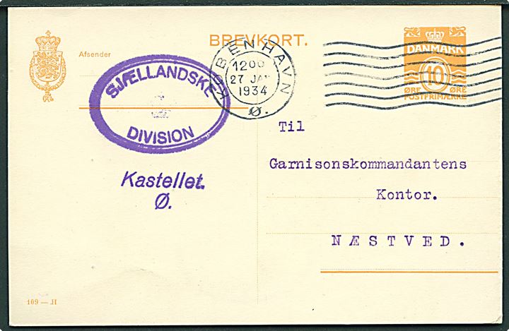 10 øre helsagsbrevkort (fabr. 109-H) fra København d. 27.1.1934 til Næstved. Ovalt stempel: Sjællandske Division.
