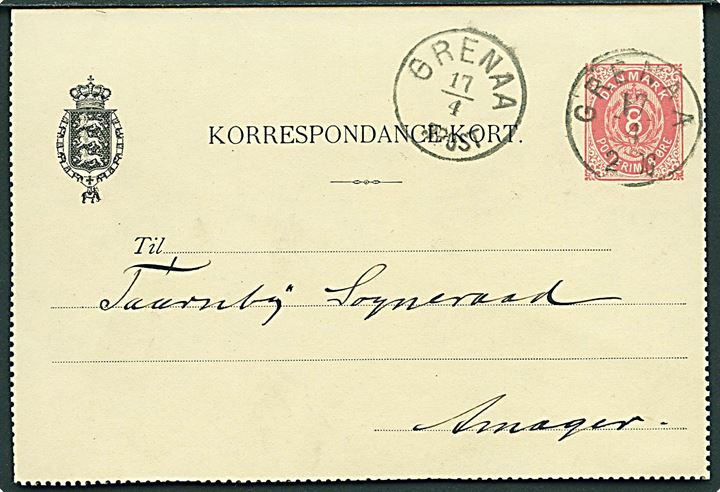 8 øre helsags korrespondancekort annulleret med lapidar Grenaa d. 17.4.1893 til Taarnby Sogneraad på Amager.