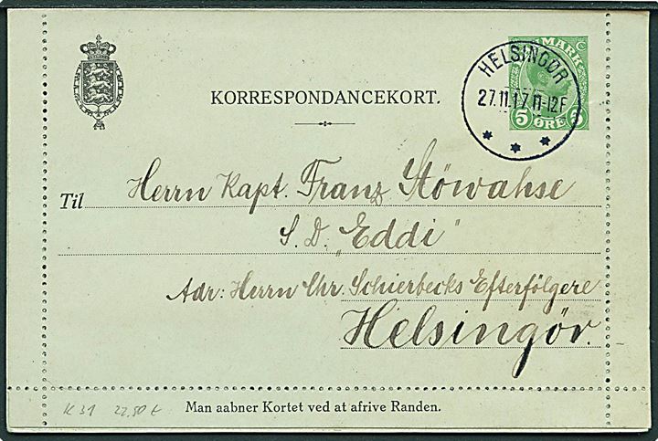 5 øre Chr. X helsags korrespondancekort med rand sendt lokalt i Helsingør d. 27.11.1917 til kapt. Stöwahse ombord på S/S Eddi i Helsingør.