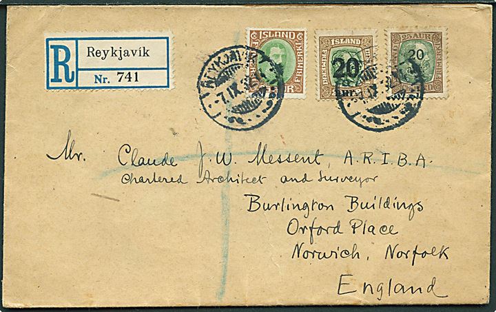 20/25 aur Chr. IX, 20/25 aur To Konger og 25 aur Chr. X på anbefalet brev fra Reykjavik d. 7.9.1932 til Norwich, England.