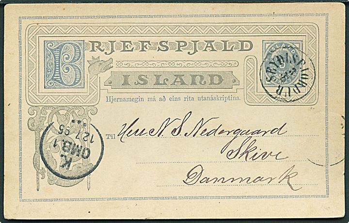 5 aur helsagsbrevkort med antiqua Seydisfjördur d. 3.6.1895 via Kjøbenhavn til Skive, Danmark. Et mærke fjernet.