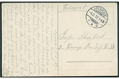 Ufrankeret feltpost brevkort stemplet Apenrade **a d. 4.2.1917 til sønderjysk soldat i 2. Komp. Reserve Infanteri Regiment 86.