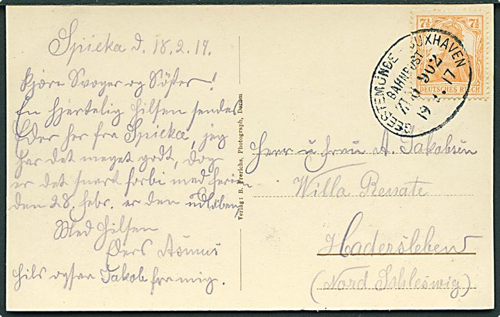7½ pfg. Germania på brevkort fra Spieka annulleret med bureaustempel Geestemünde - Cuxhaven Zug 902 d. 19.2.1917 til Haderslev.