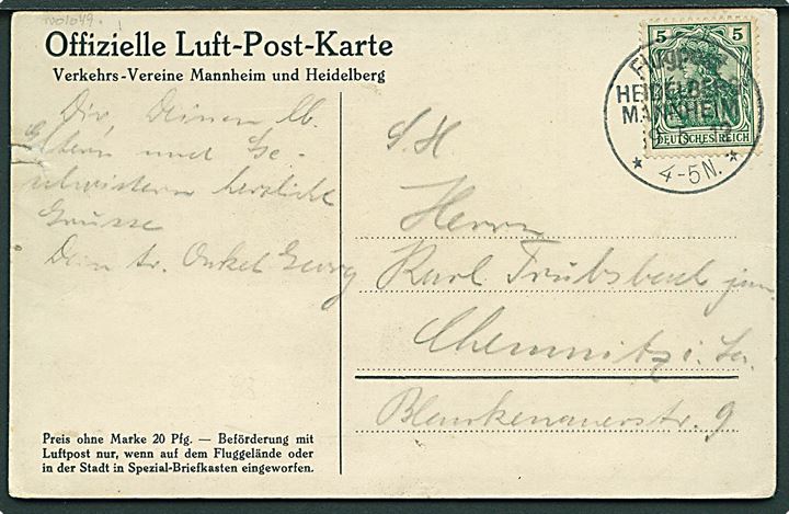 5 pfg. Germania på officielt Luftpostkort annulleret med særstempel Flugpost Heidelberg - Mannheim d. 19.5.1912 til Chemnitz.