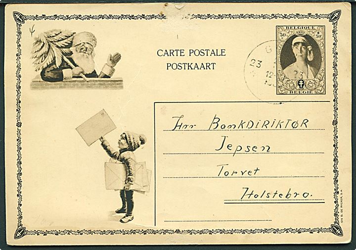 50+50 c. illustreret Jule-helsagsbrevkort fra Gent d. 12.x.1932 til Holstebro, Danmark.