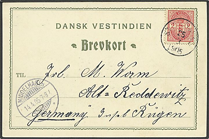 2 cents Våbentype single på brevkort (Part of St. Thomas from the East) stemplet St. Thomas d.25.3.1905 til Alt Reddewitz, Rügen, Tyskland. Ank.stemplet Meddel-hagen d. 14.4.1905. 