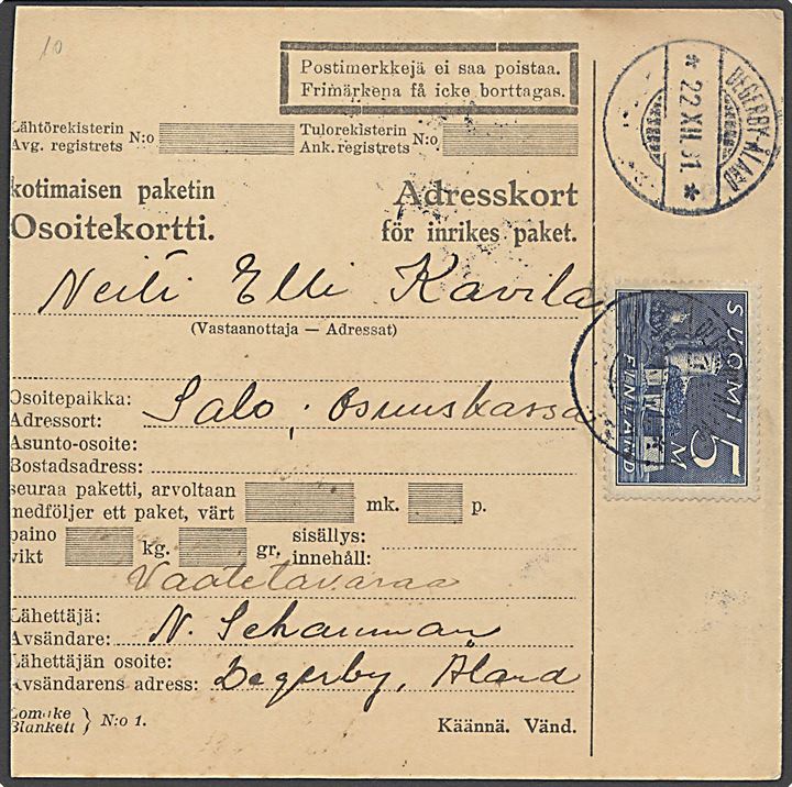 5 mk. Olufsborg slot single på indenrigs adressekort annulleret med udslebet 2-sproget stempel Degerby-Åland d. 22.12.1931 til Salo.