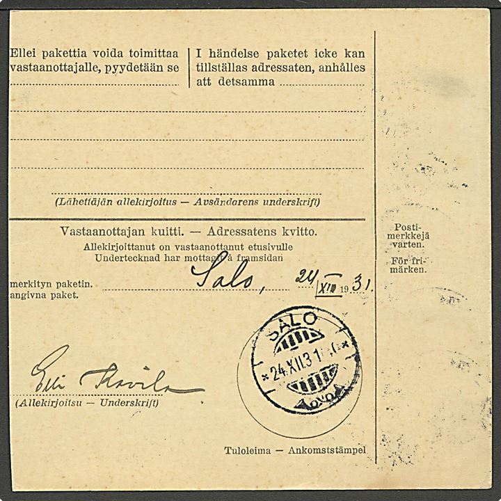 5 mk. Olufsborg slot single på indenrigs adressekort annulleret med udslebet 2-sproget stempel Degerby-Åland d. 22.12.1931 til Salo.