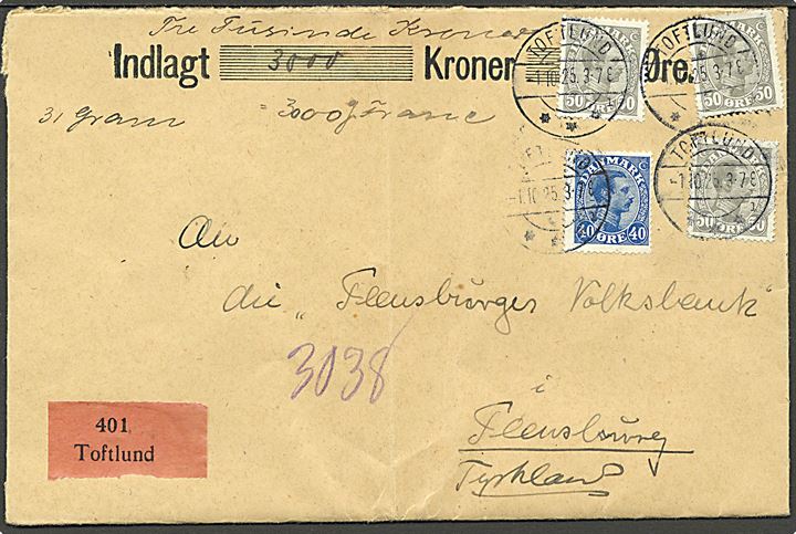 40 øre og 50 øre (3) Chr. X på 1,90 kr. frankeret værdibrev annulleret med brotype IIb stempel Toftlund sn1 d. 1.10.1925 til Flensburg, Tyskland.