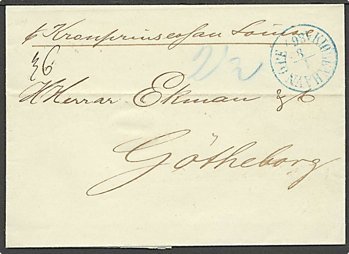 1860. Ufrankeret portobrev med blåt antiqua stempel Kiøbenhavn OPE fra Toldboden d. 1.8.1860 til Göteborg, Sverige. Påtegnet: pr. Kronprinsessan Louise. Modtager har betalt 32 öre porto.