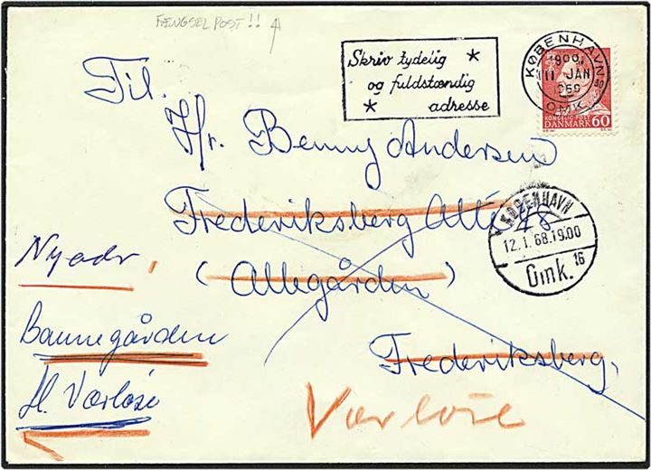 60 øre rød Fr. IX på brev fra Hotel Vester København d. 11.1.1969 til Frederiksberg. Omadresseret til Værløse.