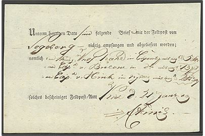 1809. Fortrykt kvittering fra Feldpostamt i Kiel dateret d. 21.1.1809 for udlevering af 3 forsendelser fra Segeberg.