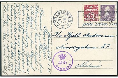 5 øre Bølgelinie og 10 øre Chr. X på brevkort (Færge i Helsingør) fra Helsingør d. 29.7.1945 til Malmö, Sverige. Dansk efterkrigscensur (krone)/456/Danmark.