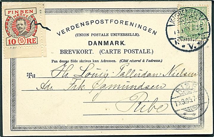 5 øre Våben og 10 øre Finsen Mærke på brevkort fra Kjøbenhavn d. 14.3.1905 til Ribe.