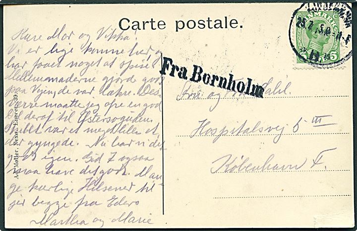 5 øre Chr. X på brevkort (Kystparti ved Blanchs Hotel) stemplet Kjøbenhavn B. d. 25.7.1915 og sidestemplet Fra Bornholm til København.