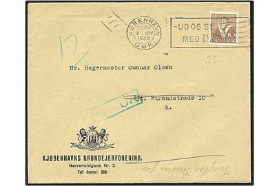 10 øre brun Hans Tavsen på lokalt sendt brev fra København d. 12.11.1936. Modtageren er flyttet og brevet er returneret.
