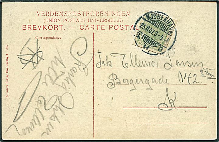 5 øre Fr. VIII helsagsafklip som frankering på lokalt brevkort (Sjællandsporten i Kastellet) stemplet Kjøbenhavn d. 25.11.1907.
