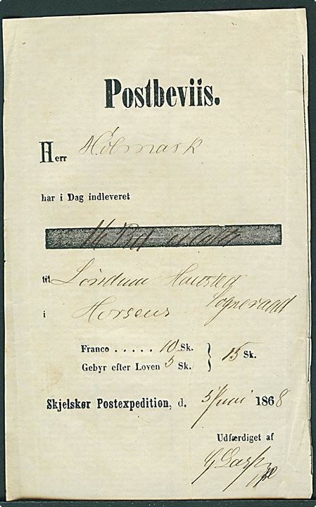 Postbeviis fra Skjelskør Postexpedition d. 5.6.1868 for forsendelse til Horsens.