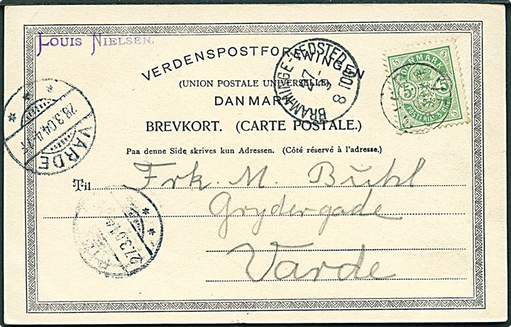 5 øre Våben på brevkort (Hilsen fra V. Vedsted) annulleret med stjernestempel VEDSTED og sidestemplet lapidar Bramminge - Vedsted d. 27.3.1904 via Ribe til Varde.