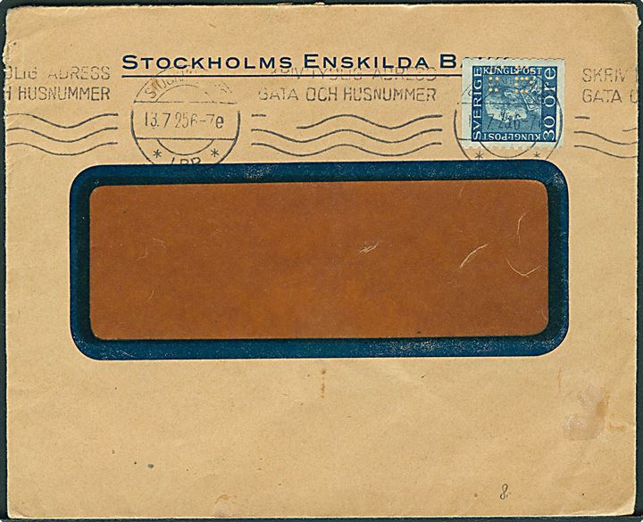 30 öre Gustaf med perfin E.B. på rudekuvert fra Stockholms Enskilda Bank d. 13.7.1925. 
