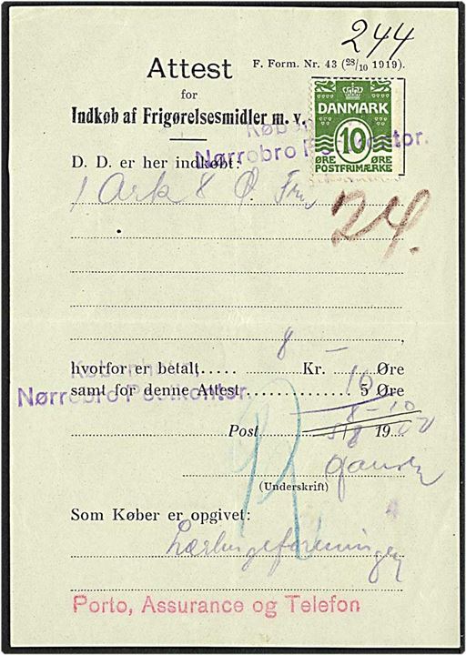 10 øre grøn bølgelinie på attest fra København d. 5.6.1920. København Nørrebro Postkontor liniestempel.